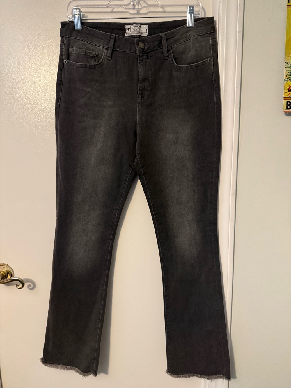 Free People Washed Black Ankle Flare Distressed Jeans